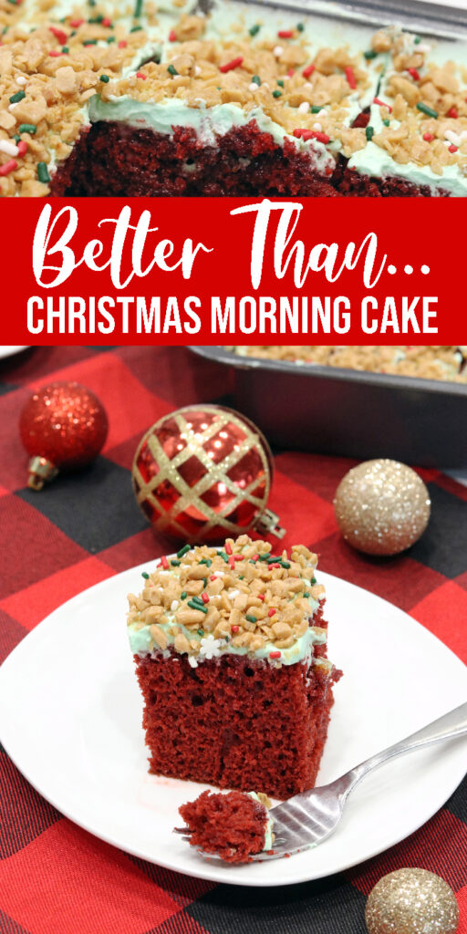 Here is a better than ... Christmas morning cake recipe. A red velvet poke cake that is topped with whipped cream and sprinkles and more. #cake #Christmas #betterthan #christmasmorning #breakfast #dessert #recipe #pokecake Better Than Sex Christmas Cake