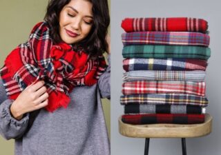 Cents of Style Blanket Scarves on Sale - woman wearing scarf and stack of scarves