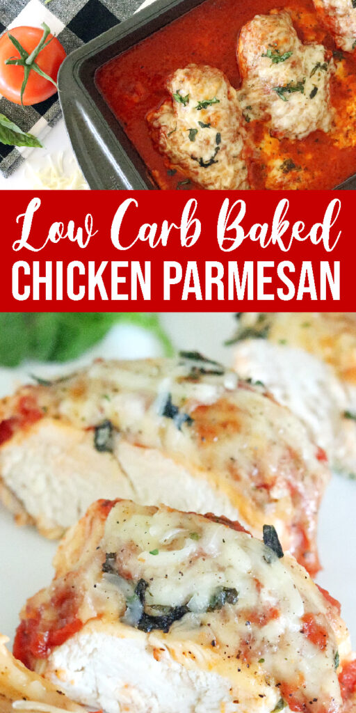 Low Carb Chicken Parmesan is an easy and satisfying weeknight meal. Chicken parmesan in the oven is a super simple way to get the meal you know and love. #chicken #parmesan #lowcarb #baked #easy #oven #chicken #breast #sugarfree #mozzarella low carb chicken parmesan