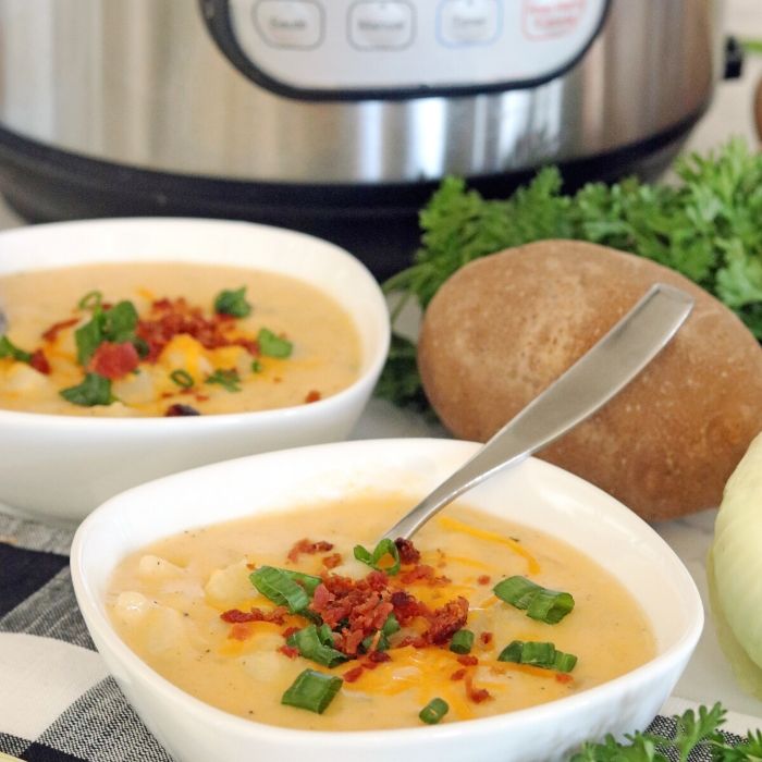 Instant Pot Cheesy Potato Soup is a quick and easy way to get dinner on the table in a hurry. Tender potatoes, cheesy base and loads of flavor. #potato #soup #instantpot #pressurecooker #souprecipe #easy #quick #frozenpotatoes #dinner #recipe #mealtime potato soup recipe