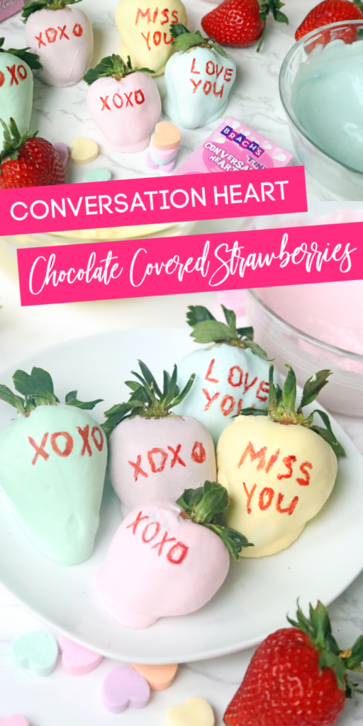 Valentine's Day Chocolate Covered Strawberries are an easy and creative way to serve up chocolate-covered strawberries. An easy Valentine's day dessert. #passion4savings #valentinesday #valentine #dipped #strawberries #conversationheart #pastel #dessert #romantic #fun #kids #easy #chocolate Valentine Strawberries