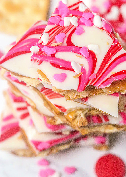 valentine's day crack made with toffee and saltine crackers in a stack