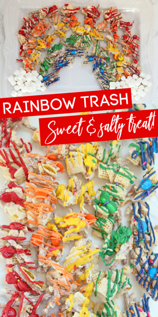 This Rainbow Trash Recipe is a perfect mix of sweet and salty in every bite. Raid your pantry for all the ingredients needed in this colorful candy trash recipe. #rainbow #sweet #salty #passion4savings #dessert #stpatricksday #ideas #forkids #fun #nobake Rainbow Trash