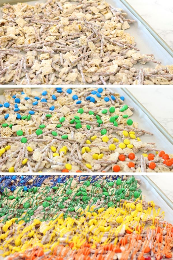 This Rainbow Trash Recipe is a perfect mix of sweet and salty in every bite. Raid your pantry for all the ingredients needed in this colorful candy trash recipe. #rainbow #sweet #salty #passion4savings #dessert #stpatricksday #ideas #forkids #fun #nobake white trash snack mix