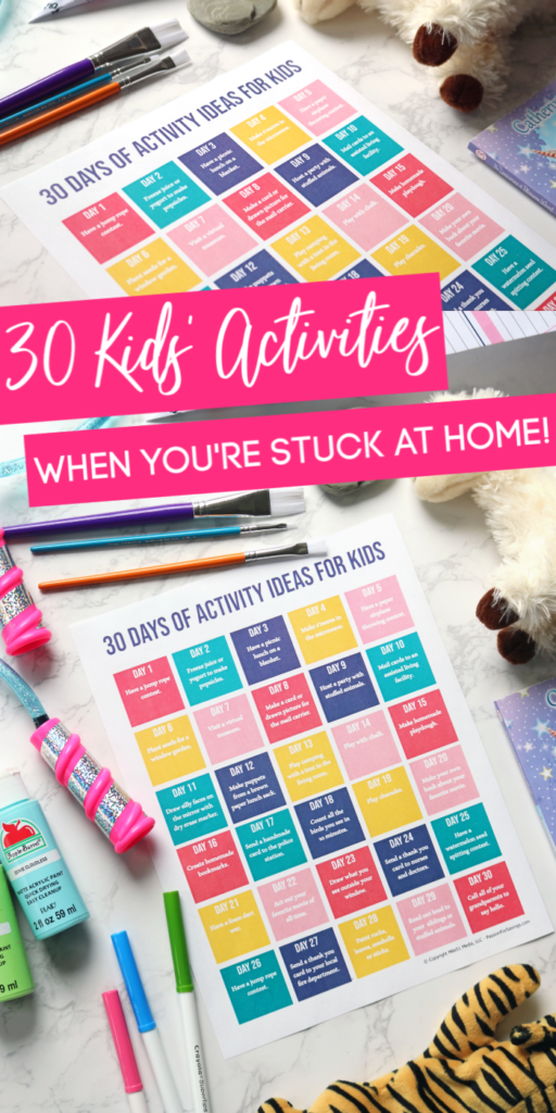 30 day of activity ideas for kids to keep them busy when you are stuck inside. Lots of fun and simple ways to entertain kids without screen time. #activities #passion4savings #forkids #free #printable #stuckathome #entertaining #educational #fun activites for kids