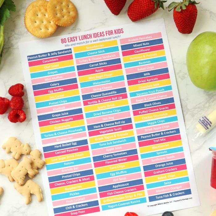 80 Easy Lunch Ideas for Kids that will keep them interested in what they might want to eat for lunch this week. Lunches for kids that will satisfy. #passion4savings #Lunches #forkids #healthy #list #ideas #printable #free #bestideas easy lunch ideas for kids