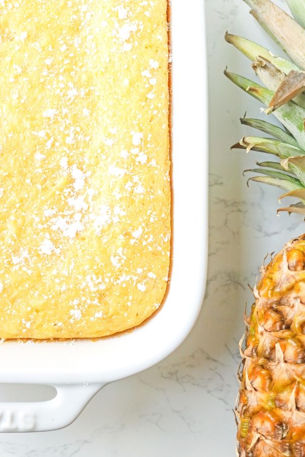 easy pineapple cake in a white dish 