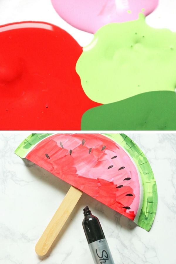 painting a paper plate to look like a watermelon