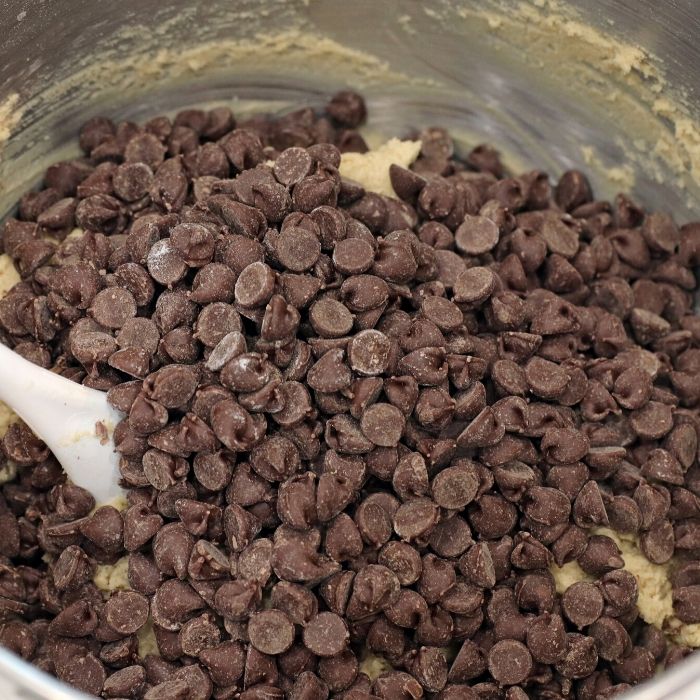 cookie dough batter with chocolate chips on top 