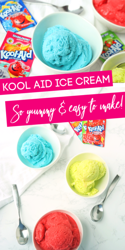 Kool Aid Ice Cream is the ultimate summer dessert. 3 simple ingredients are all you need to make a homemade ice cream that is no churn. #passion4savings #icecream #koolaid #recipe #dessert #forkids #colorful #nochurn #milk #sugar #snack kool aid ice cream