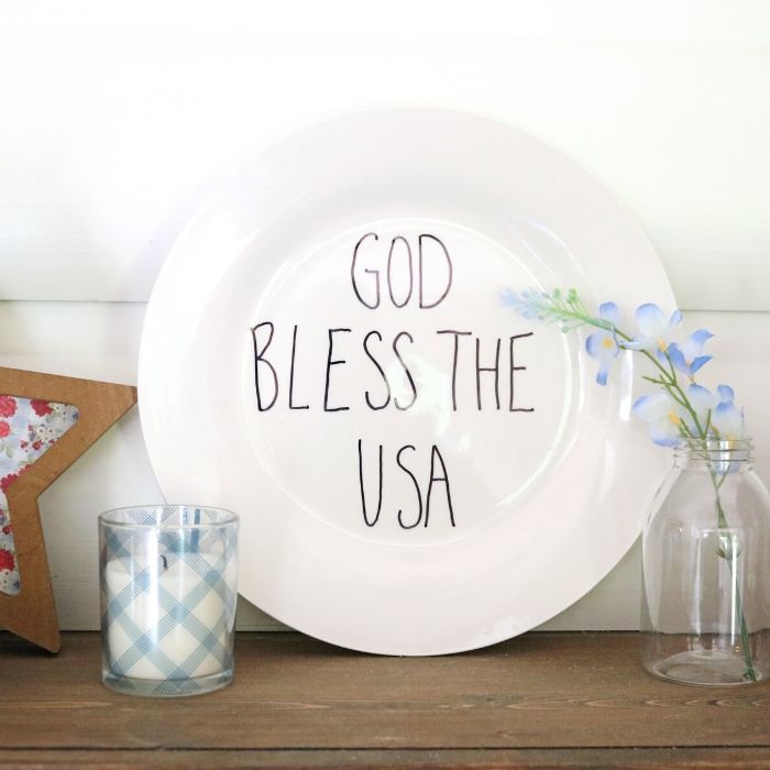 god bless the USA plate on counter 