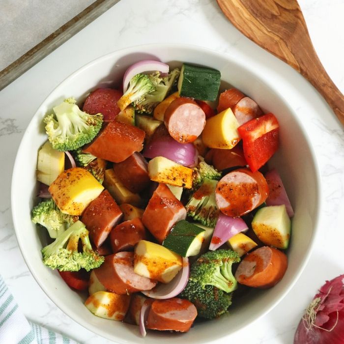sheet pan dinner in a bowl with sausage 