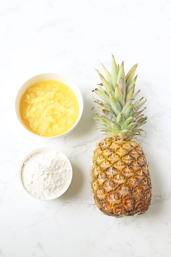 pineapple cake mix, and fruit on a table 