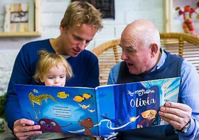Personalized Kids Books on sale - father and grandpa reading book to k