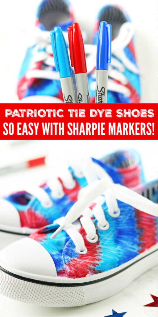 Sharpie Patriotic Tie Dye Shoes is the perfect way to get your shoes ready to watch the 4th of July fireworks. Grab a pair of white shoes, some markers and get to creating this fun patriotic custom shoe. A fun red white and blue shoes craft! #passion4savings #4thofjuly #craft #diy #project #redwhiteblue #festive #sharpie #whiteshoes #shoecraft Red White and Blue Shoes