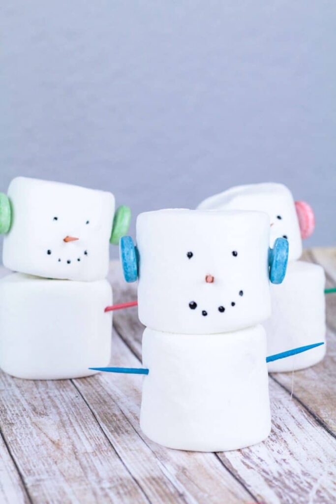 edible snowman from marshmallows on a table