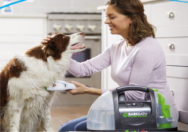 Bissell Barkbath Dog Bath and Grooming System on Sale - Dog and Woman using Barkbath