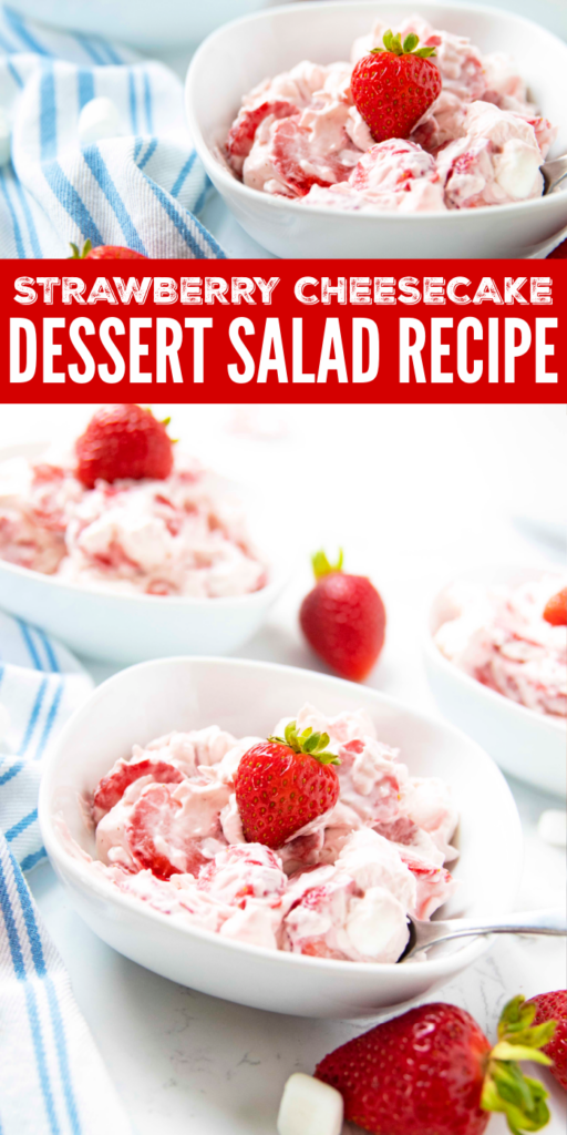 Strawberry cheesecake salad takes minutes to whip up. Fresh strawberries, marshmallows, whipped cream and cheesecake filling. Serve up for an easy dessert. #dessert #passion4savings #strawberry #fresh #nobake #potluck #foracrowd #easy #coolwhip #marshmallows Strawberry Cheesecake Salad