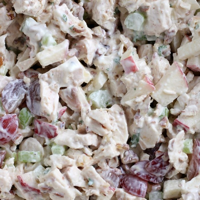 Whip up this apple pecan chicken salad for lunch or dinner. Grapes, apples, pecans and more all in one easy chicken salad recipe. #chickensalad #recipe #lunch #chicken #rotisserie #grape #apple #pecan #mayo #salad #coldsalad apple pecan grilled chicken salad