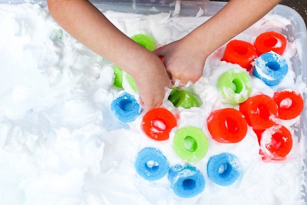 pool noodle and shaving cream bin 