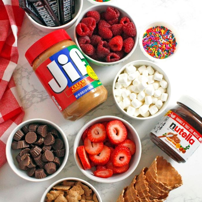 ingredients on table for smore waffle cones 