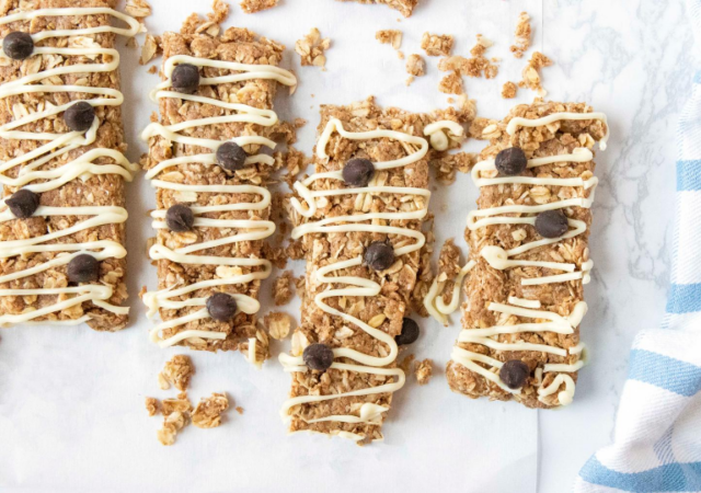 oat protein bars lined out on table