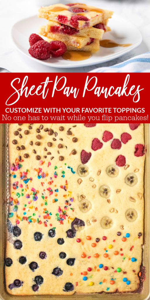 Sheet Pan Pancakes is a great way to make a large batch of pancakes for the family or a crowd. Add a mix of pancake toppings and bake in the oven! #pancake #easy #pasion4savings #mealforacrowd #mealprep #freezerfriendly #pancakerecipe sheet pan pancakes