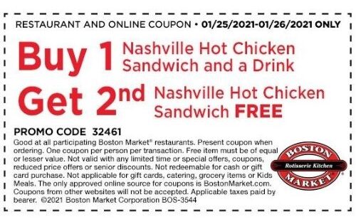 Boston Market Coupons | B1G1 Free Nashville Hot Chicken Sandwich!