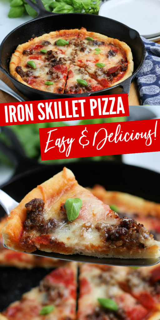 Iron Skillet Pizza is a homemade pizza crust that is piled high with pizza toppings and baked in the oven. A cast iron skillet pizza to make for dinner. #passion4savings #castiron #iron #skillet #30minutemeal #dinner #pizzarecipe Iron Skillet Pizza