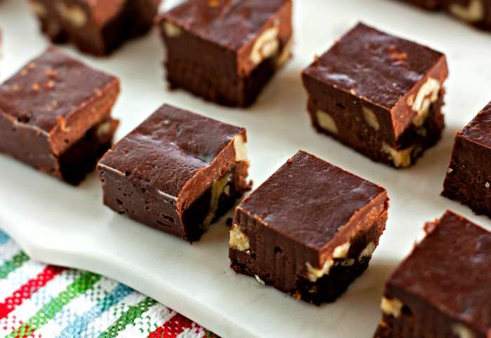 old fashioned fudge on a white square plate 
