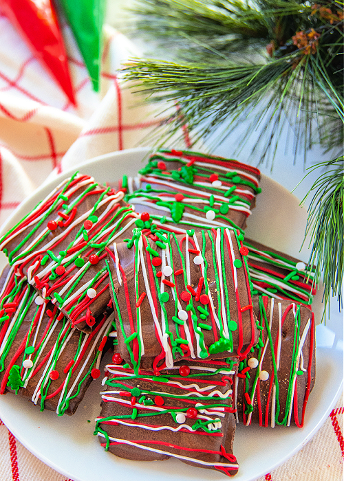 chocolate dipped graham crackers on a white serving tray