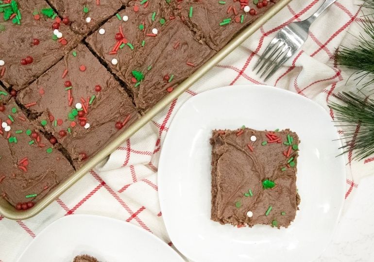 sheet cake with pan and cake on a plate