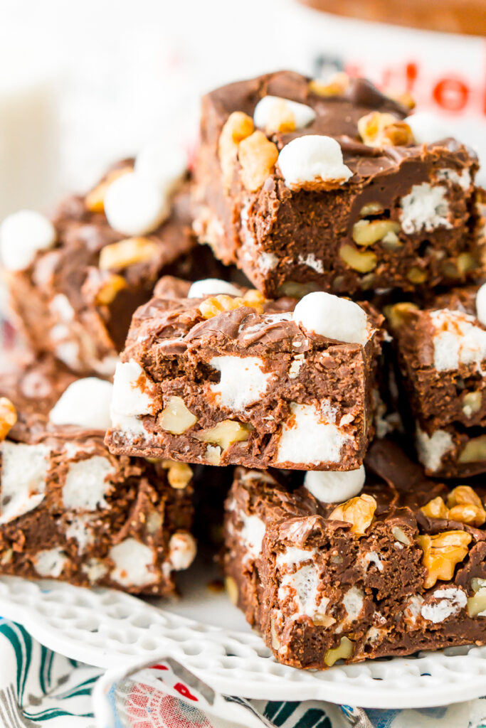 rocky road fudge stacked on a platter 