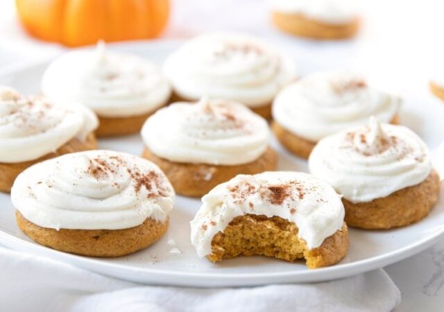 pumpkin cookies on a white plate