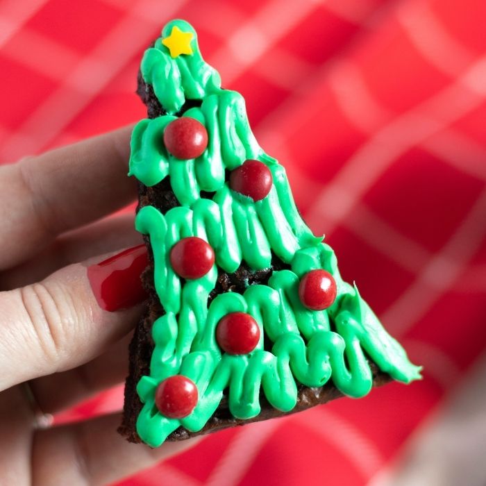Red background person holding brownie 