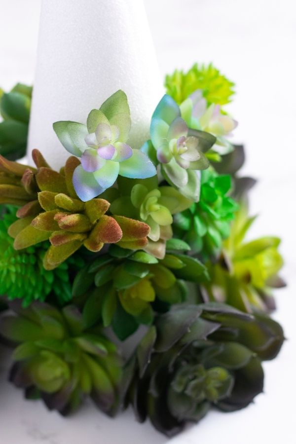 DIY faux succulent tree steps image showing how to place them on cone 