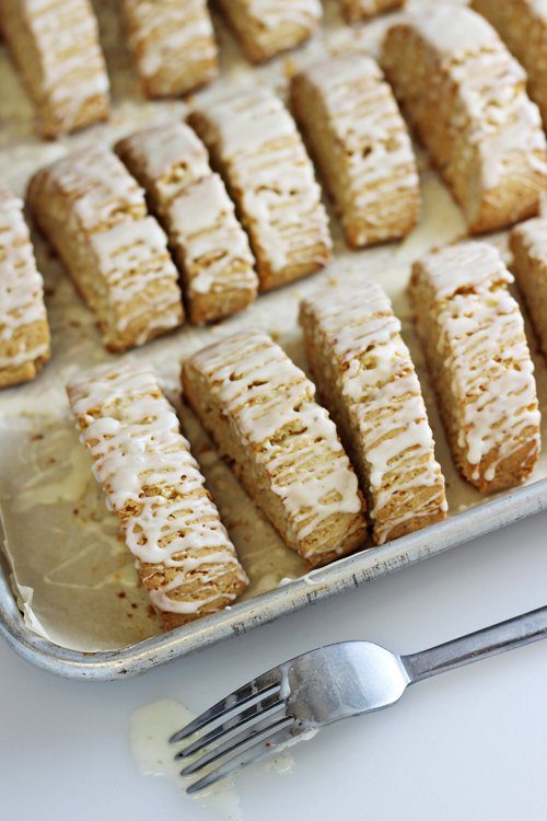 Eggnog-Biscotti on pan with glaze on top 