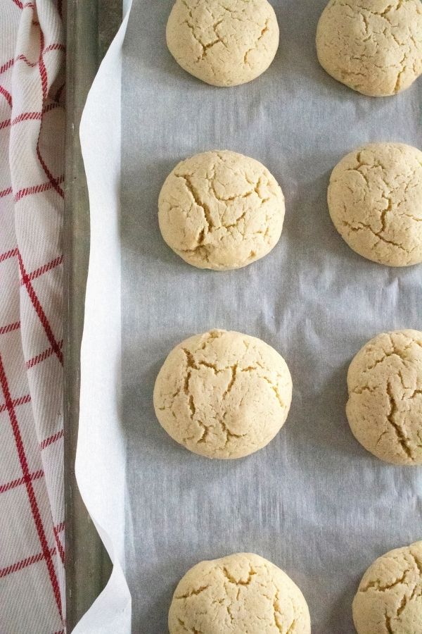 baked sugar cookies on a cookie sheet with parchment paper 