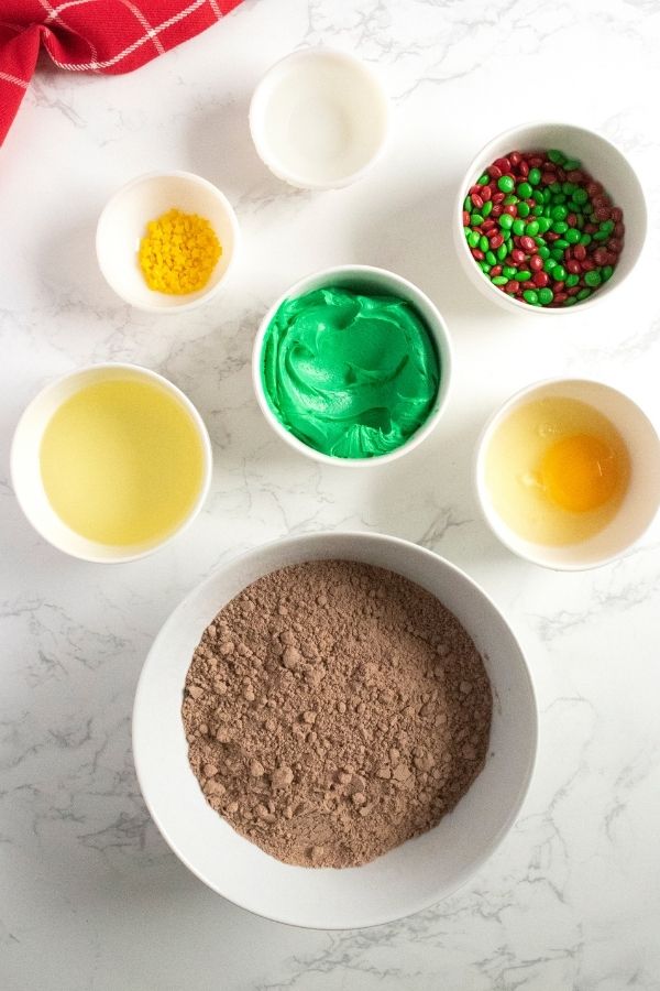 brownie ingredients on marble counter 