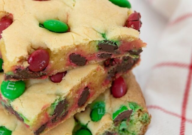 stacked cake mix cookie bars on table