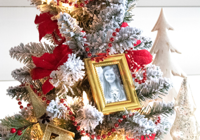 picture frame ornament in tree