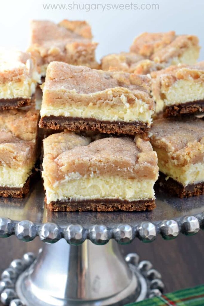 stacked up eggnog cheesecake bars 