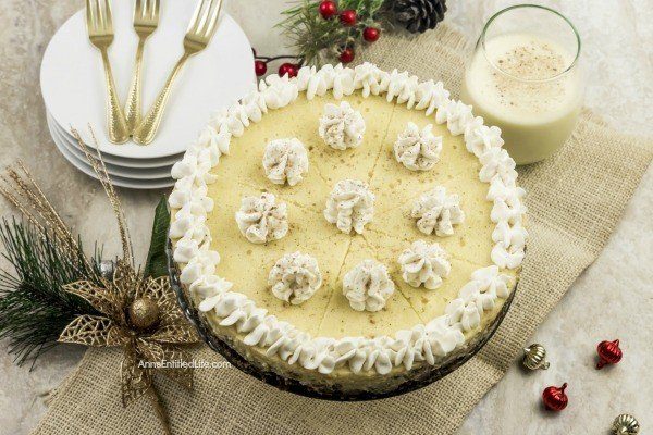 overview of a eggnog cheesecake on table 