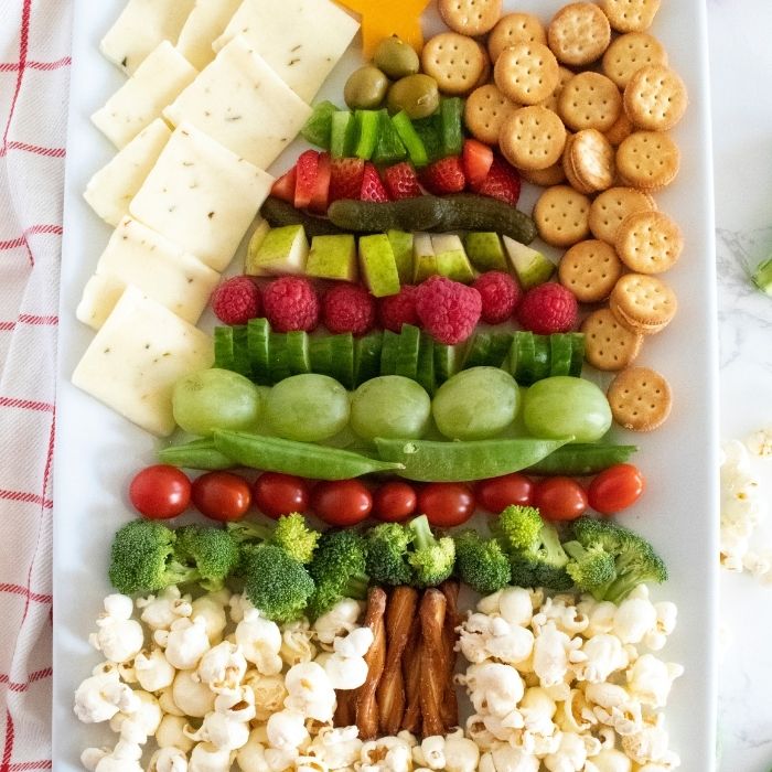 picture of a food snack board in the shape of a Christmas tree