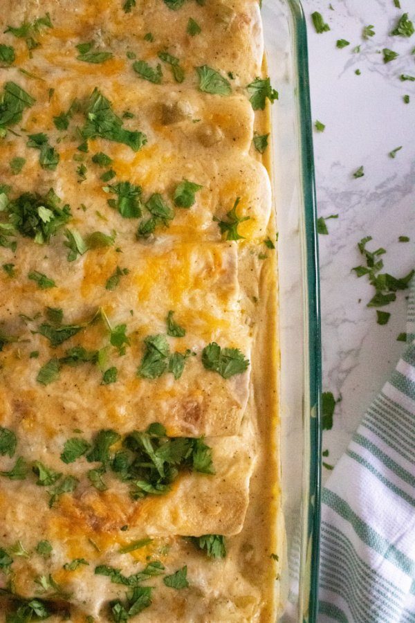 shredded chicken enchiladas in glass pan