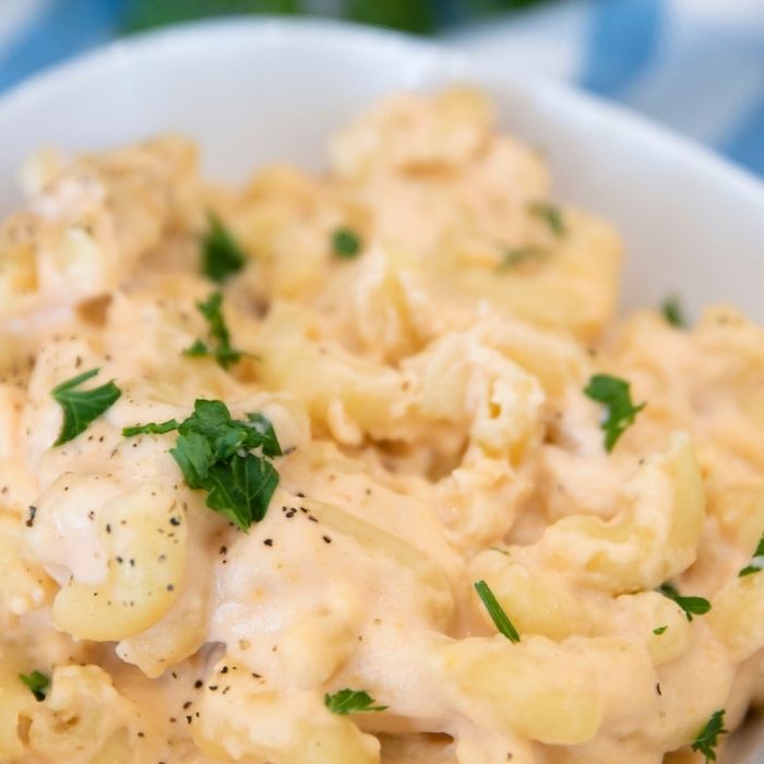Crockpot mac and cheese is the ultimate side dish. This slow cooker mac and cheese takes just 5 ingredients to make and serve up the family. #passion4savings #macandcheese #mac #cheesy #crockpot #slowcooker #recipe #idea #sides #holiday #weeknightmeal mac and cheese in a bowl topped with herbs