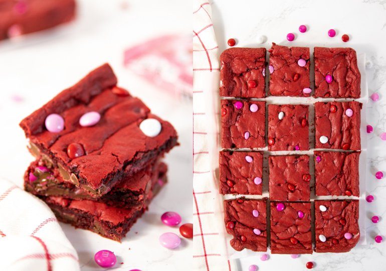 Valentines Day Red Velvet Cake Mix Cookie Bars with M&Ms