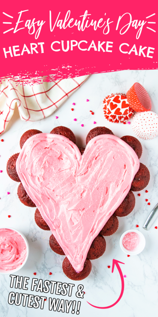 Try out my festive and creative cupcake valentine's day cake! A heart shaped cupcake cake that is made with red velvet cake. Kid friendly. #passion4savings #cake #cupcake #dessert #easy #valentinesday #heart #dessertrecipe #best #boxedcakemix heart shaped cake on table