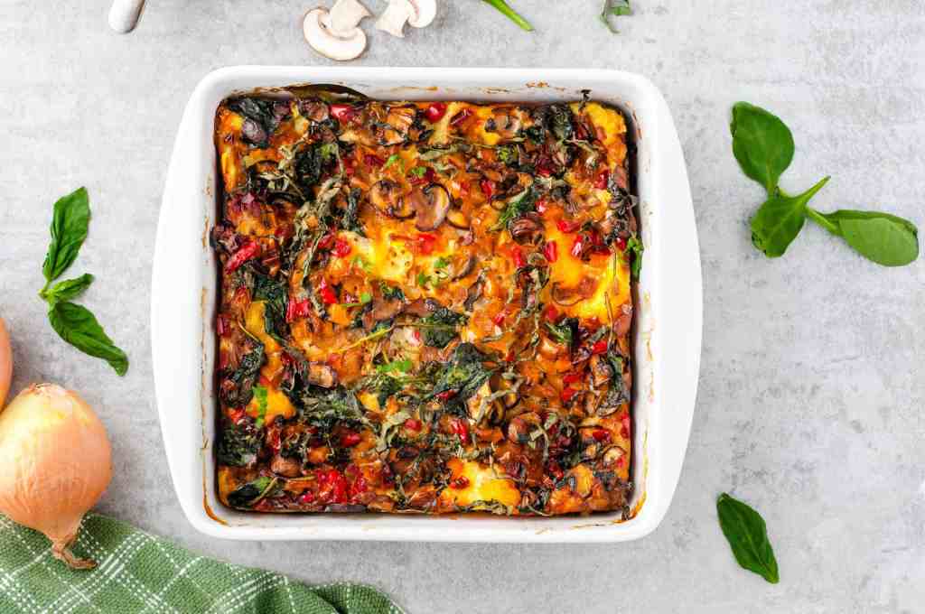 vegetarian breakfast casserole in pan 