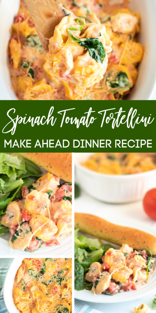 Spinach and tomato tortellini bake is a delicious make ahead meal you can make for any night of the week. Creamy, cheesy, and simple. #passion4savings #tortellini #pasta #tortellini #makeahead #freezerfriendly #dinner #creamy tortellini